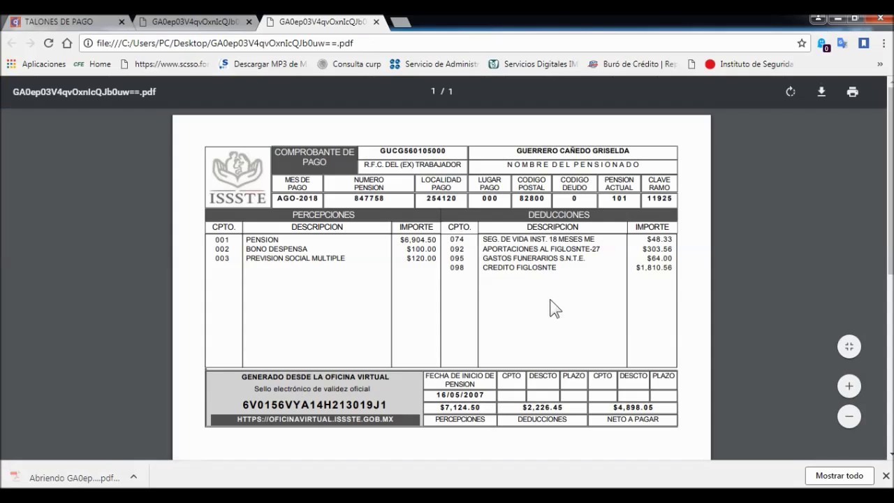 Comprobante de pago Pensionissste
